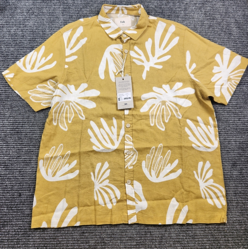 Folk Camp Shirt Mens M Gold Short Sleeve Button Linen Viscose Beach Summer NWT